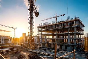 In einer Stadt wird mit Kränen ein großes Gebäude errichtet, Hackovic e.K.