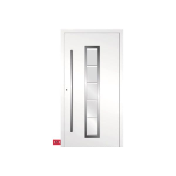 Porte d'entrée blanche en aluminium avec 1  vitre longue et rectangulaire