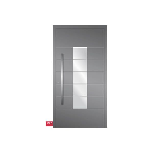 Porte d'entrée grise en aluminium avec 4 vitres carrées en colonne en son centre