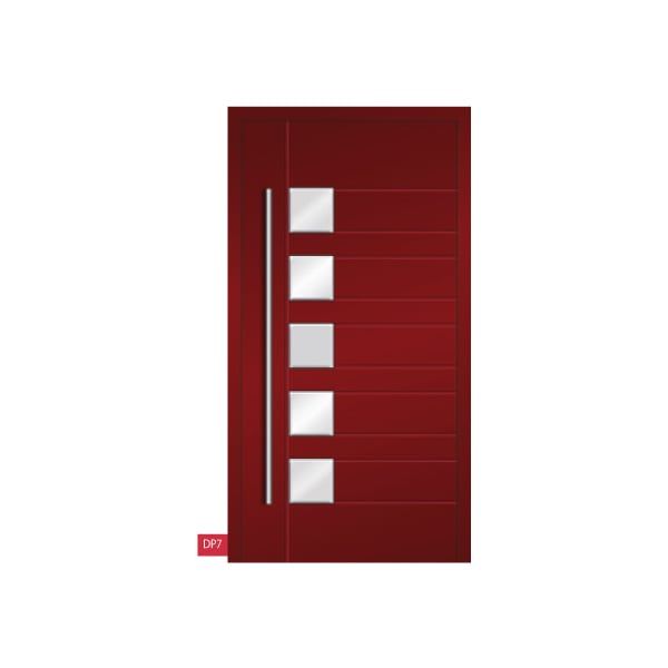 Porte d'entrée rouge en aluminium avec 5 vitres carrées