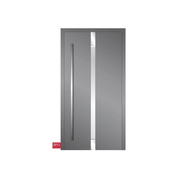 Porte d'entrée grise en aluminium avec vitre verticale longue et très fine