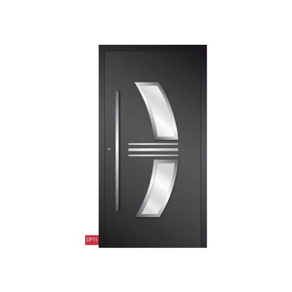 Porte d'entrée noire en aluminium avec vitres longues et arrondies