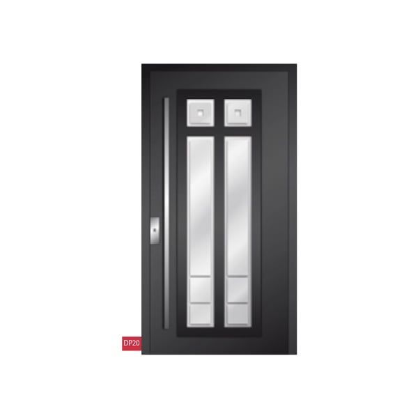 Porte d'entrée noire en aluminium avec vitre longue et verticale
