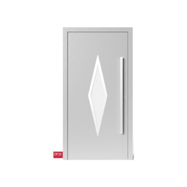 Porte d'entrée grise en aluminium avec une vitre en forme de carreau