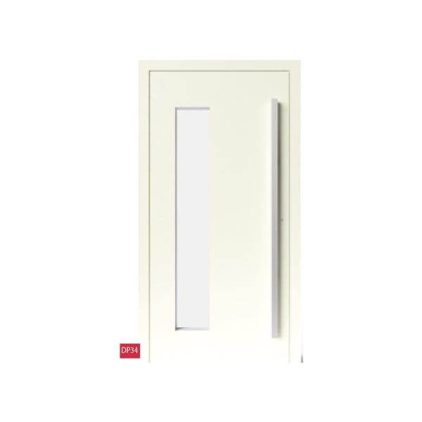 Porte d'entrée blanche en aluminium avec une vitre longue et rectangulaire côté gonds