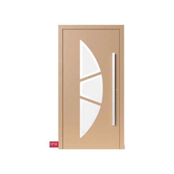 Porte d'entrée couleur chair en aluminium avec une vitre en 3 pans qui forment une demi-amande