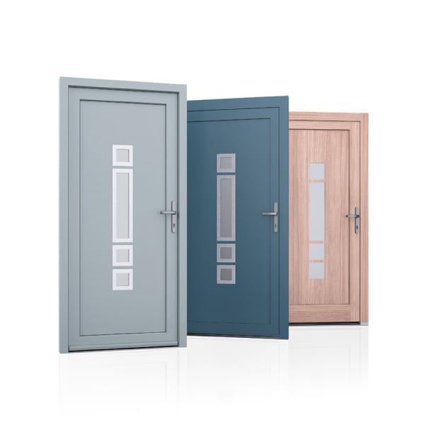 3 portes d'entrée gris bleu rose claire avec 1 vitre longue