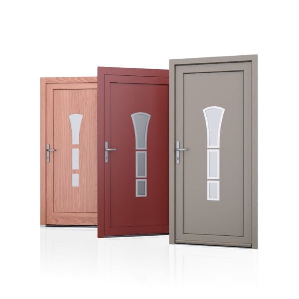 3 portes d'entrée rose bleue rouge grise avec 3 vitres longues