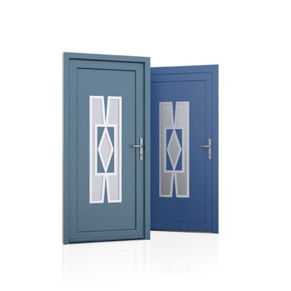 2 portes d'entrée bleu vert et bleu avec une vitre rectangulaire à motifs