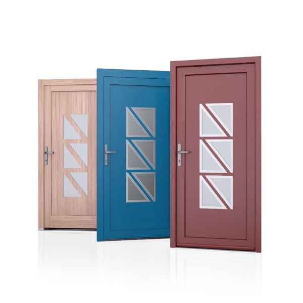 3 portes d'entrée rose bleue rouge avec 3 vitres carrées