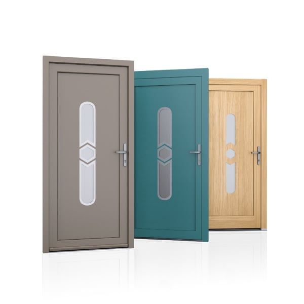 3 portes d'entrée gris verte jaune avec 1 vitre longue