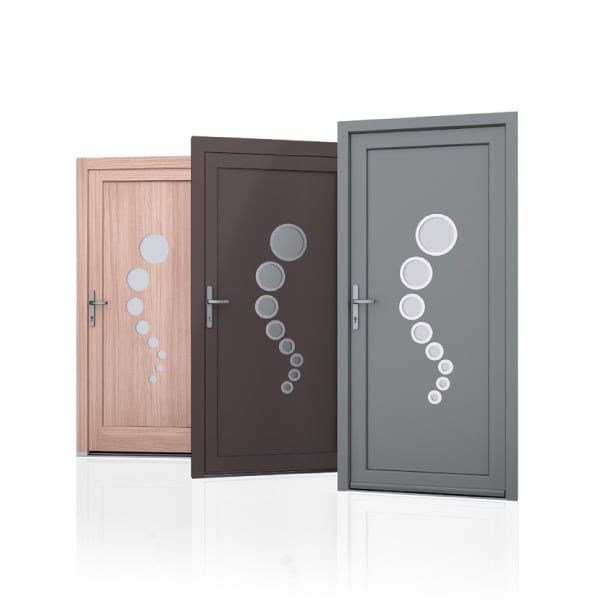3 portes d'entrée noir imitation bois rose marron et grise avec vitre en forme de cercles qui se suivent