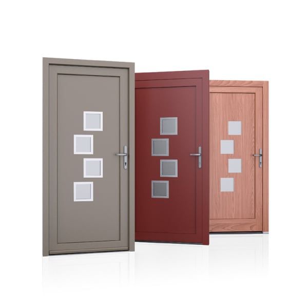 3 portes d'entrée brune rouge et simulation de bois orange et 4 petites carrées alignées verticalement