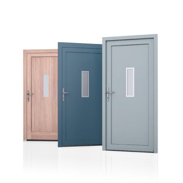 3 portes d'entrée simulation de bois rose bleue et gris avec 1 vitre rectangulaire