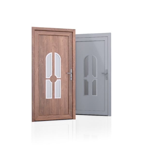 2 portes d'entrée simulation bois rose et grise avec 1 vitre qui évoque une fenêtre