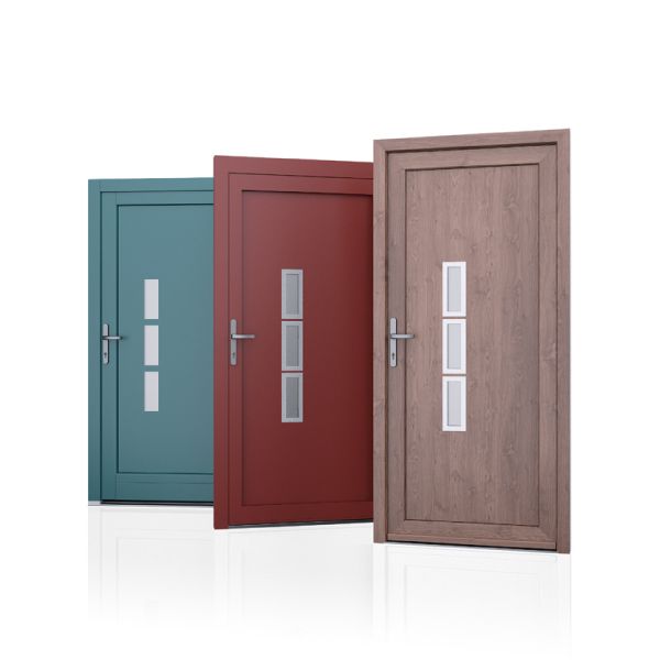 3 portes d'entrée rouge bleue et simulation bois rose avec 1 vitre longue