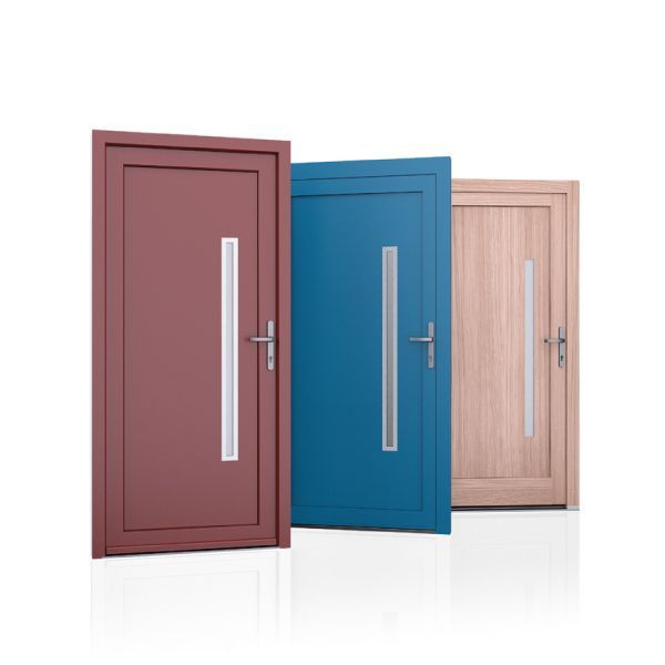 3 portes d'entrée rouge bleue et simulation bois rose avec 1 vitre longue