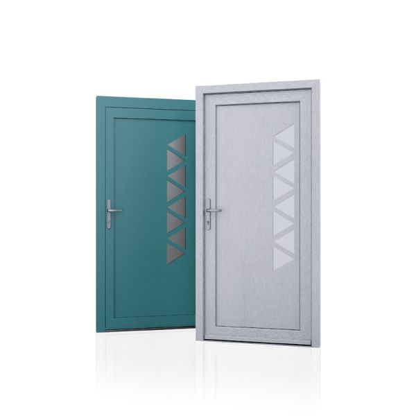 2 portes d'entrée bleu-vert et grise avec une suite de vitres en forme de triangle