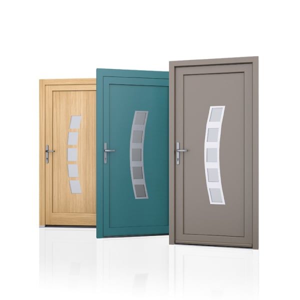 3 portes d'entrée jaune verte grise avec 1 vitre longue un peu courbée