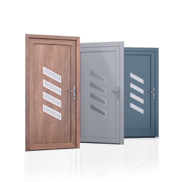 3 portes d'entrée brune grise  bleue avec 4 bandes de vitres