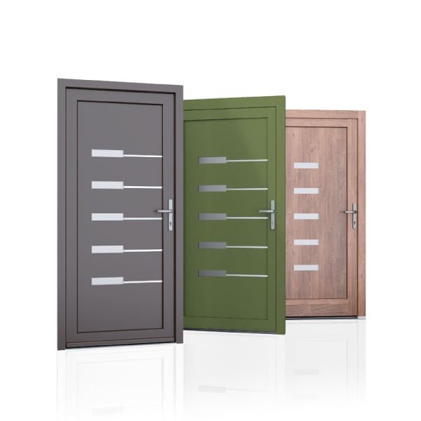 3 portes d'entrée grise verte rose 5 ouvertures fines alignées verticalement