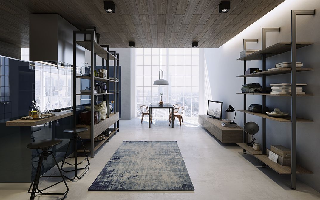 Grand salon avec des étagères et des placards de chaque côtés