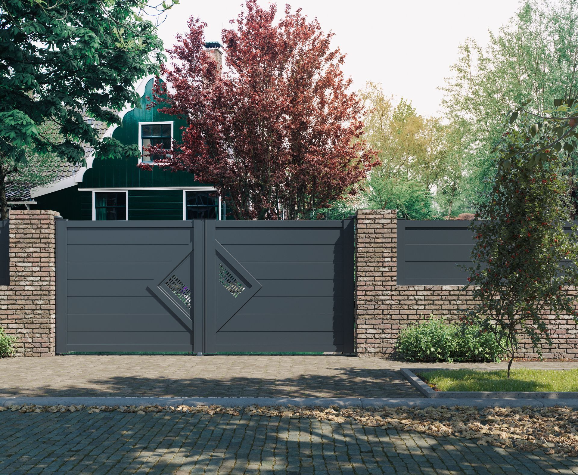 Portail battant Neo Vision Tri Central dans une rue pavée