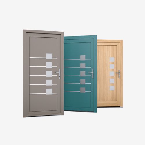 3 portes d'entrée grise verte jaune avec une série de 5 petites vitres  qui se suivent verticalement