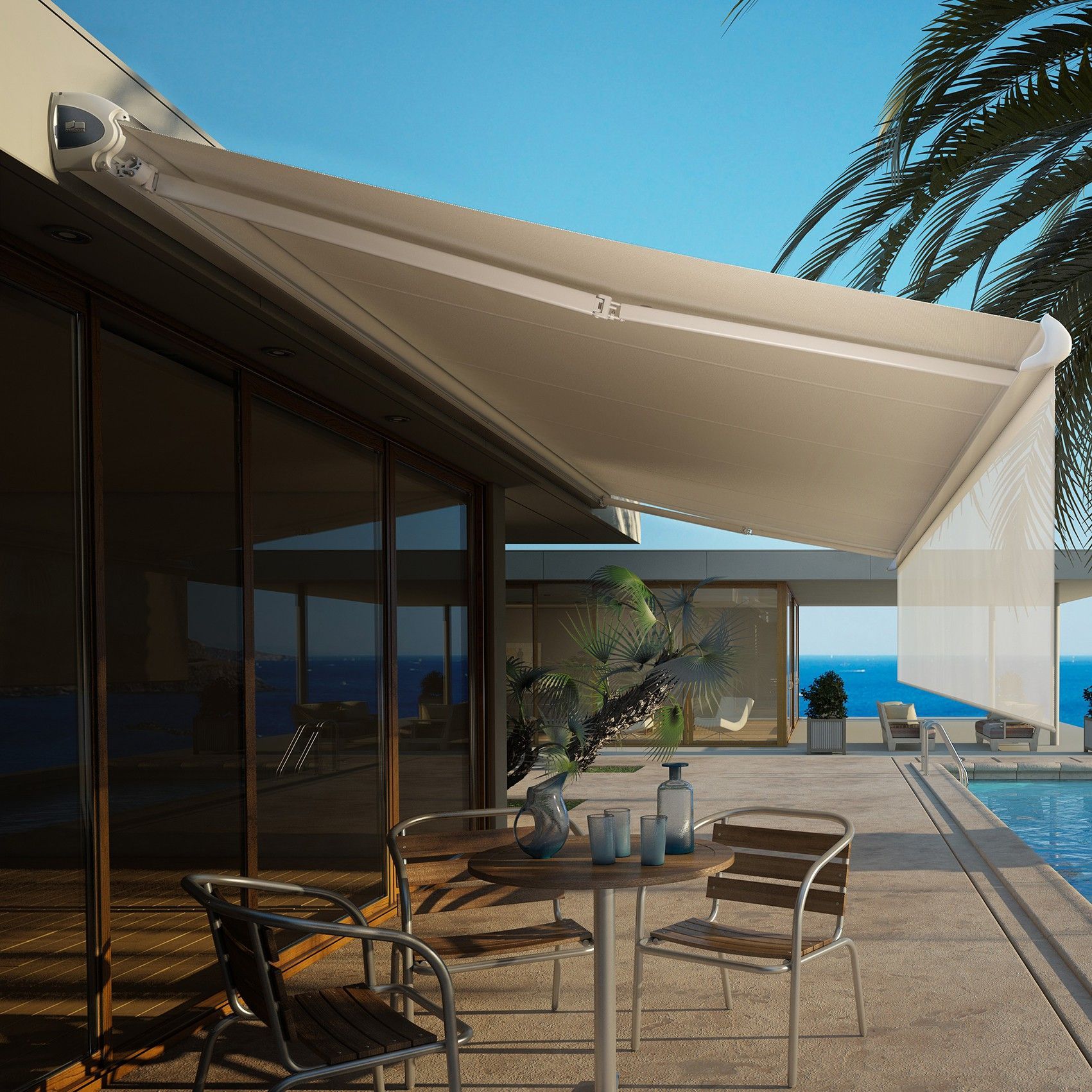 Gros plan sur le mécanisme d'un store banne.