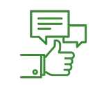 Un icono de línea verde de una mano dando un pulgar hacia arriba con burbujas de diálogo.