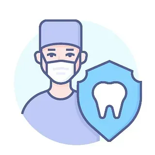 Un dentista que lleva una máscara y sostiene un protector con un diente en él.