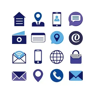 Un conjunto de iconos de contacto azules y morados sobre un fondo blanco.