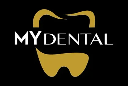 El logotipo de mi dentista es un diente sobre un fondo negro.