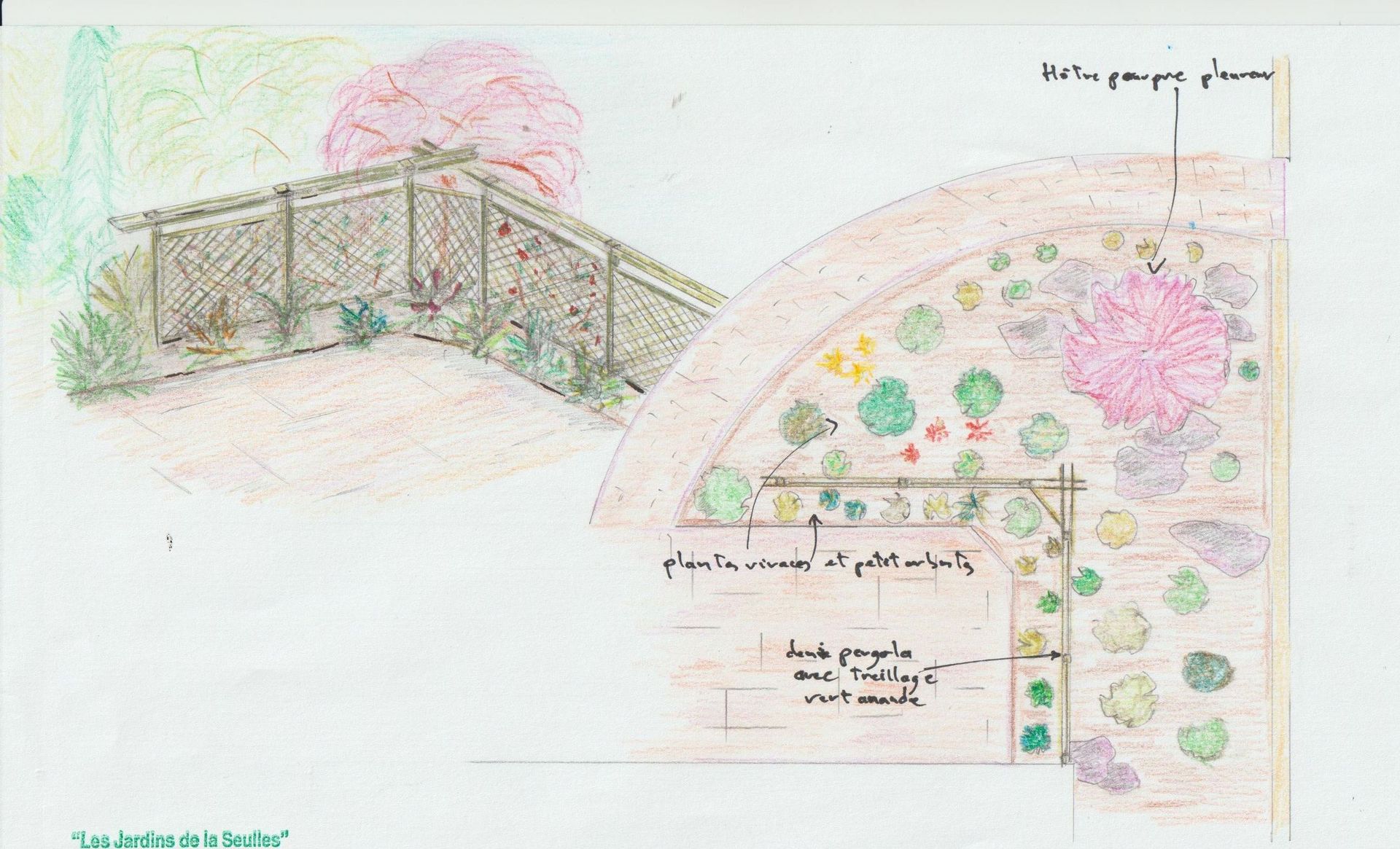 Croquis de jardin avec terrasse ronde et bassin