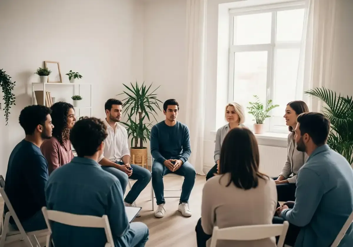 Sesión de terapia de grupo: Personas sentadas en círculo, discutiendo en una habitación luminosa con plantas.