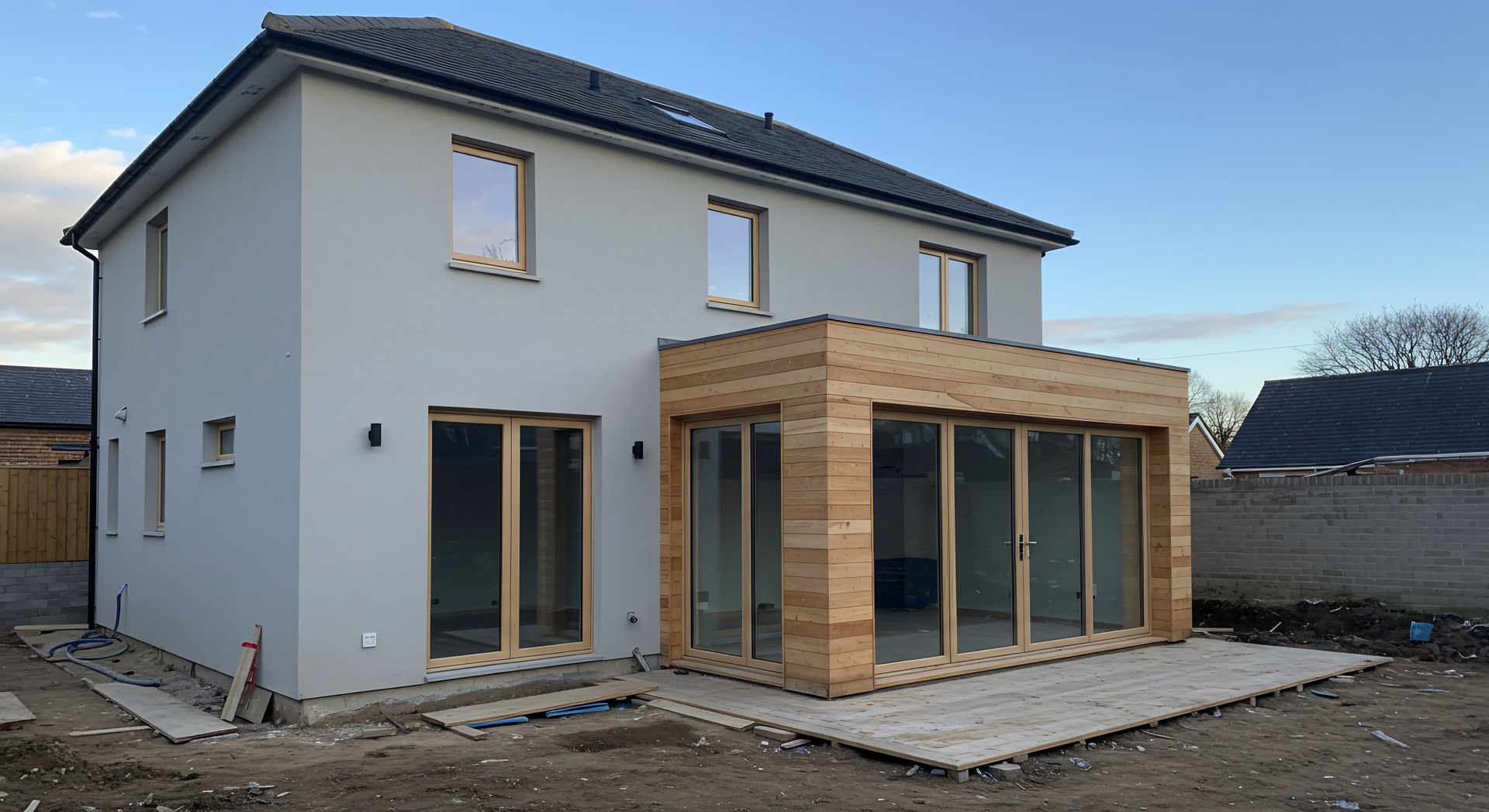 Nouvelle maison à deux étages avec une extension de terrasse en bois en construction sur un terrain nu