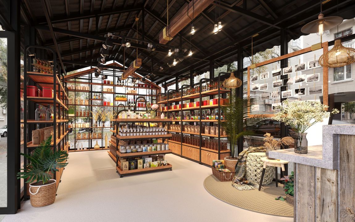 Boutique de décoration intérieure rustique et chaleureuse, avec des étagères garnies de plantes, des meubles et des paniers