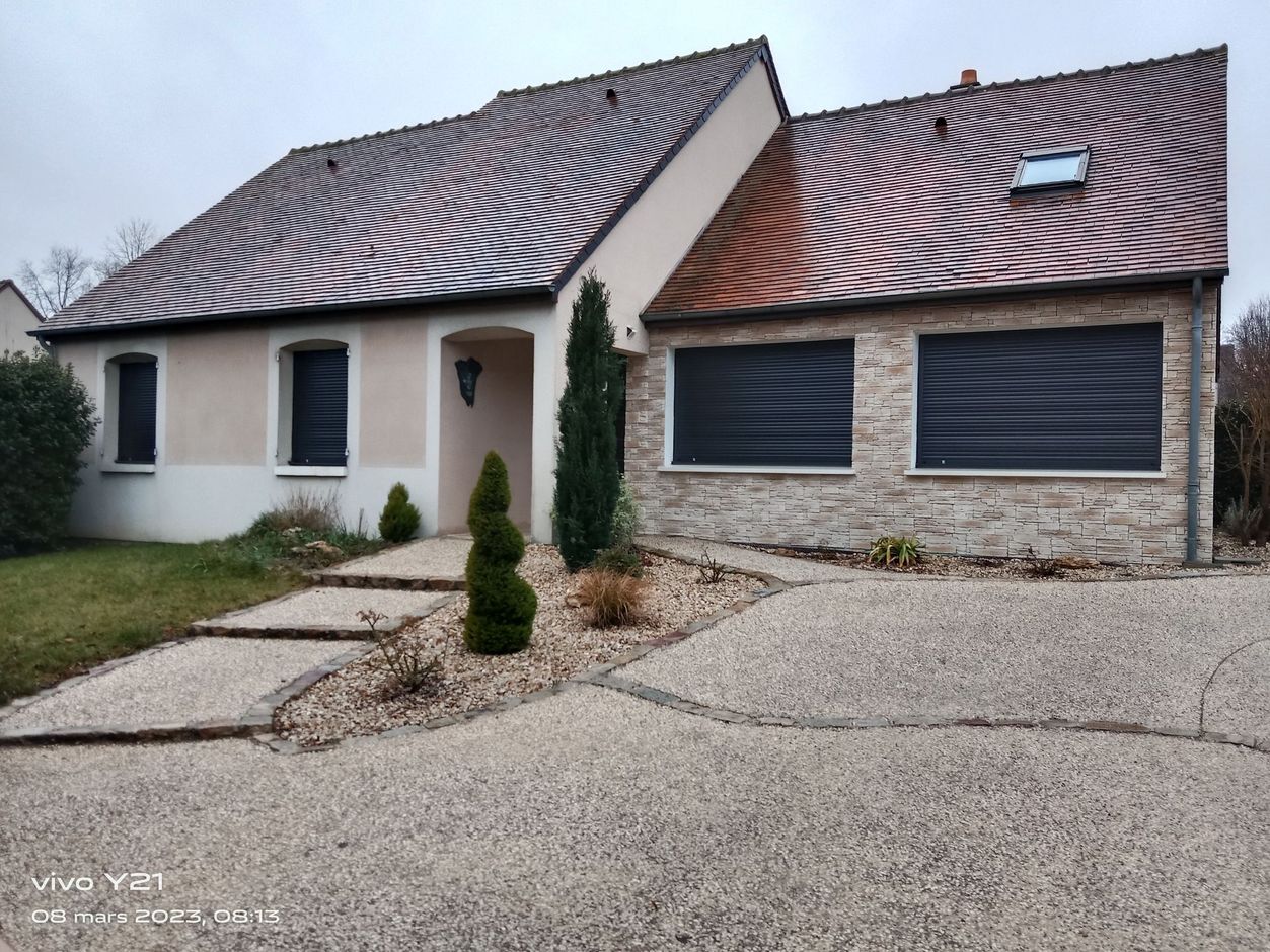 Maison de banlieue avec façade en pierre et en stuc, toit rayé, garage et aménagement paysager désertique