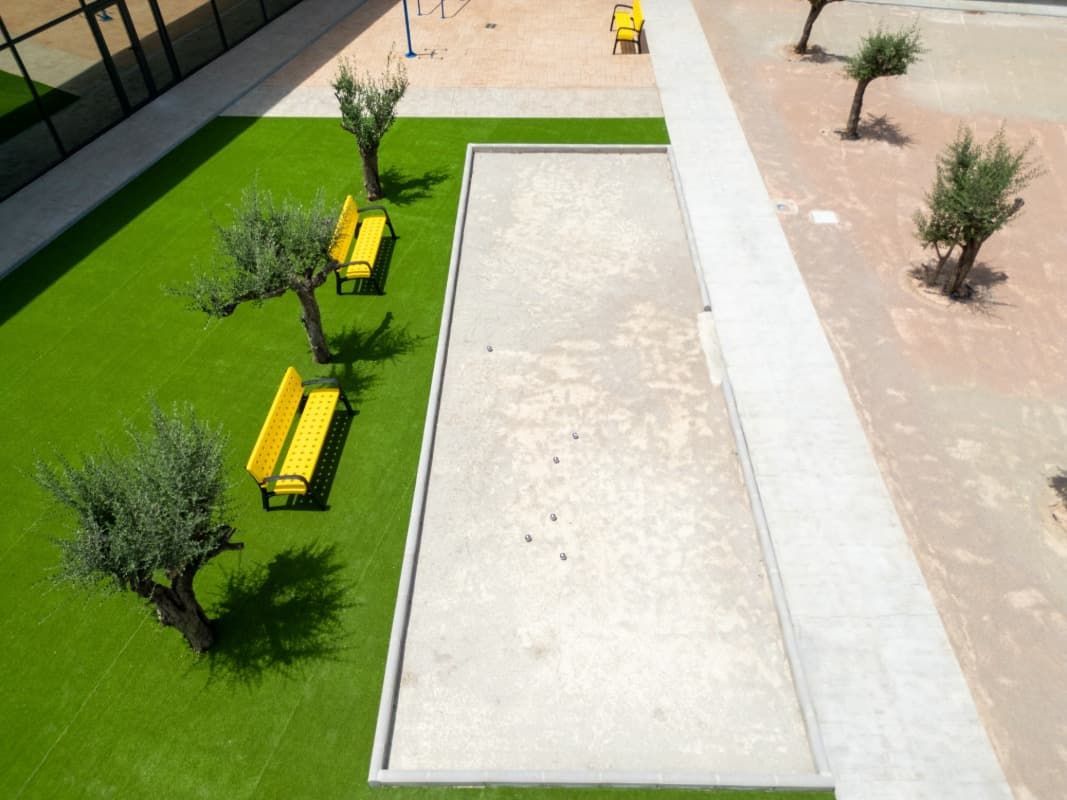 Una cancha de bochas de hormigón, césped verde, bancos amarillos y olivos en un entorno al aire libre.