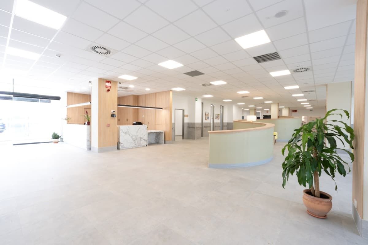 Amplio y moderno vestíbulo con paredes de colores claros, un mostrador de recepción y una planta en maceta.