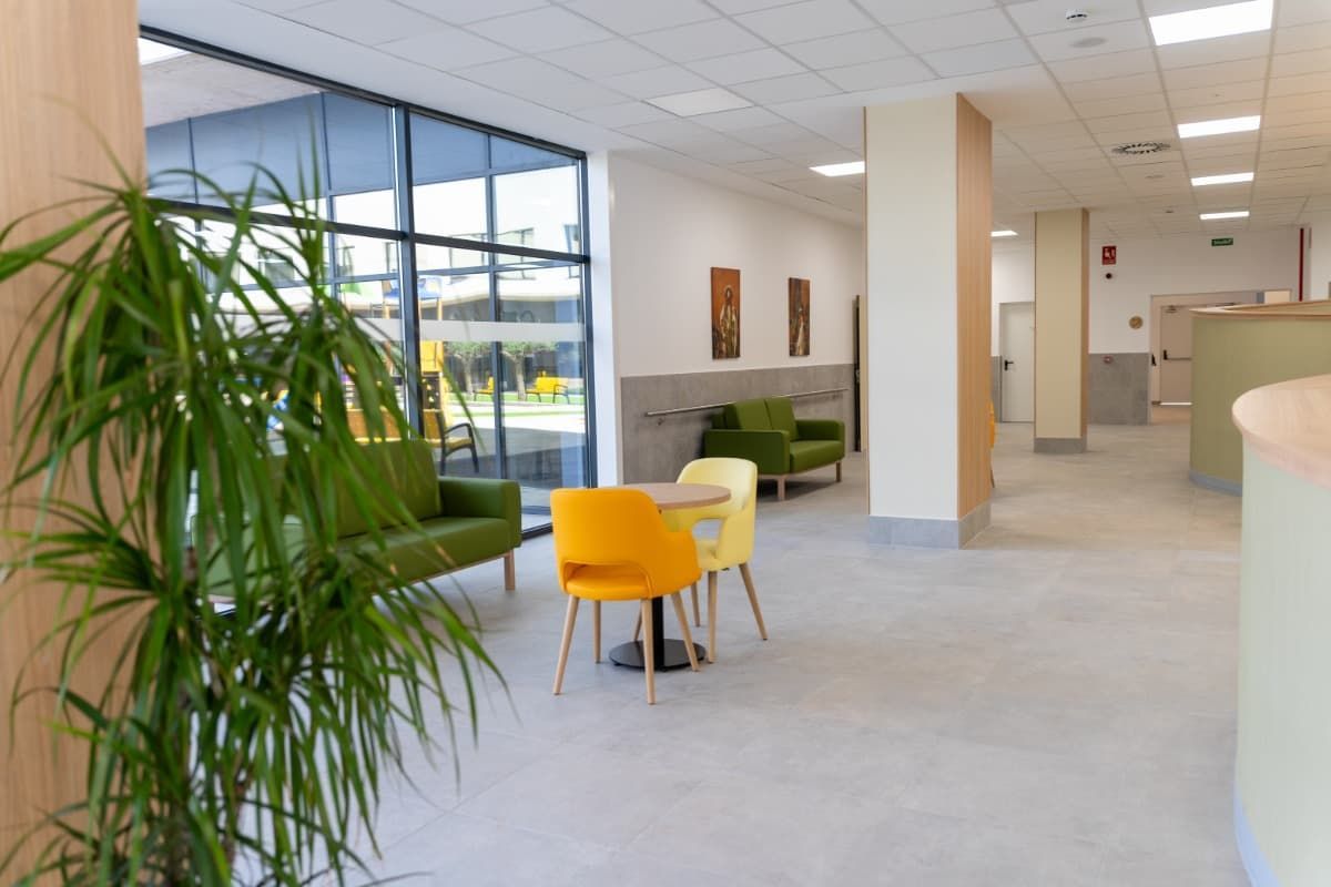 Sala de espera luminosa con sofá verde, sillas amarillas, una gran planta en maceta y una ventana que da a un patio.