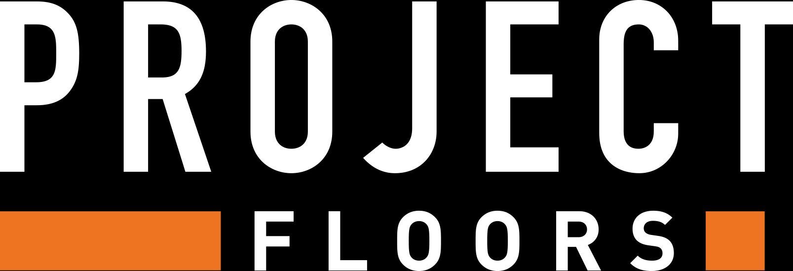 Das Logo von Project Floors ist weiß und orange auf schwarzem Hintergrund.