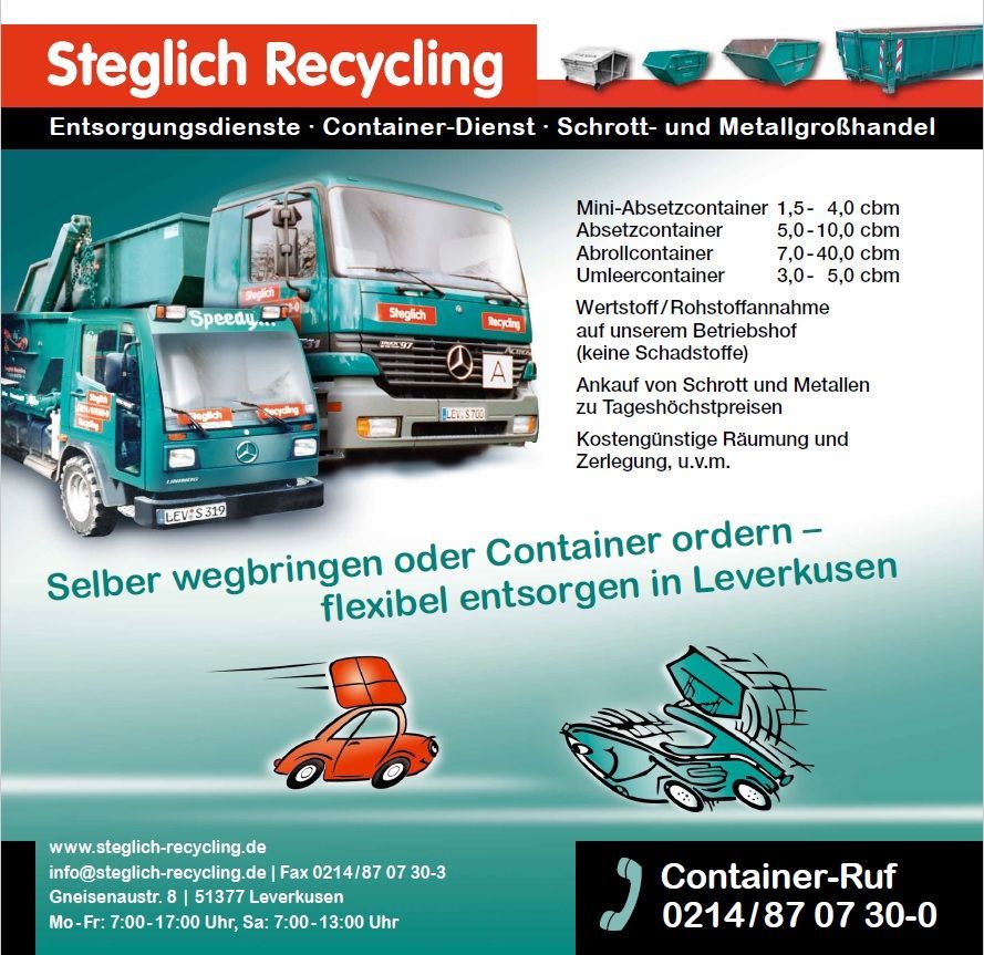 Eine Werbung für Steglich Recycling zeigt LKW und Autos