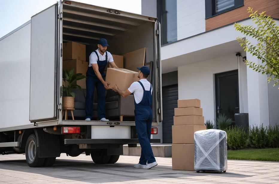Dos operarios de mudanza cargando cajas en un camión frente a una casa, con cajas apiladas en la entrada.
