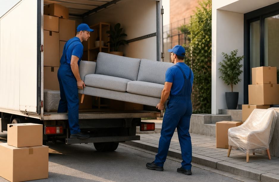 Dos operarios de mudanzas descargan un sofá gris de un camión frente a un edificio, con cajas cerca.