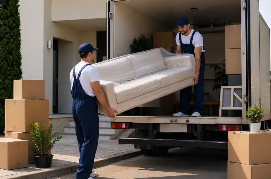 Dos operarios de mudanzas cargando un sofá blanco en un camión frente a una casa.