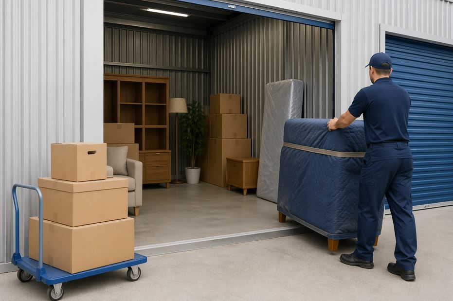 Un trabajador traslada un sofá envuelto a un almacén junto a cajas apiladas y una carretilla.