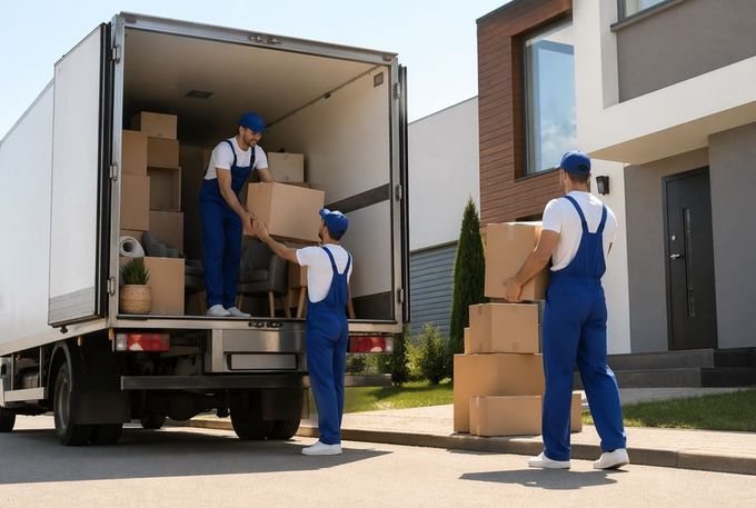 Los operarios de una mudanza descargan cajas de cartón de un camión en la entrada de una casa en las afueras.