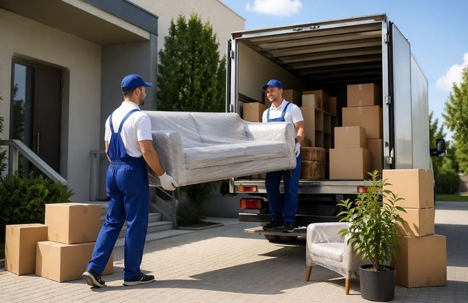 Dos operarios de mudanzas descargan muebles y cajas de un camión en una casa.