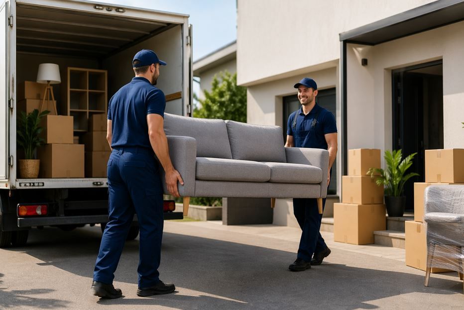 Dos operarios de mudanzas transportan un sofá gris desde un camión de mudanzas hasta la entrada de una casa.